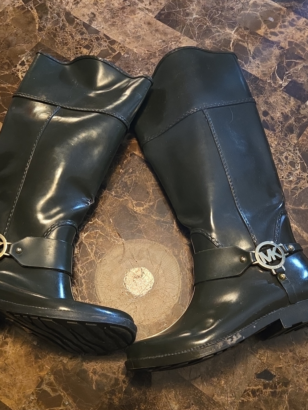 Michael Kors Dark Green Glossy Knee Rain Boots with MK Emblem Size 6